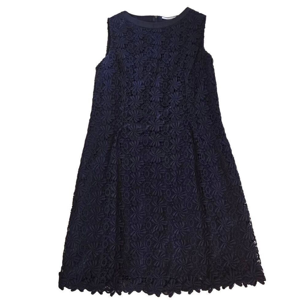 T Tahari Women's Floral Lace Overlay Sleeveless A-Line Dress Navy Blue Size 12